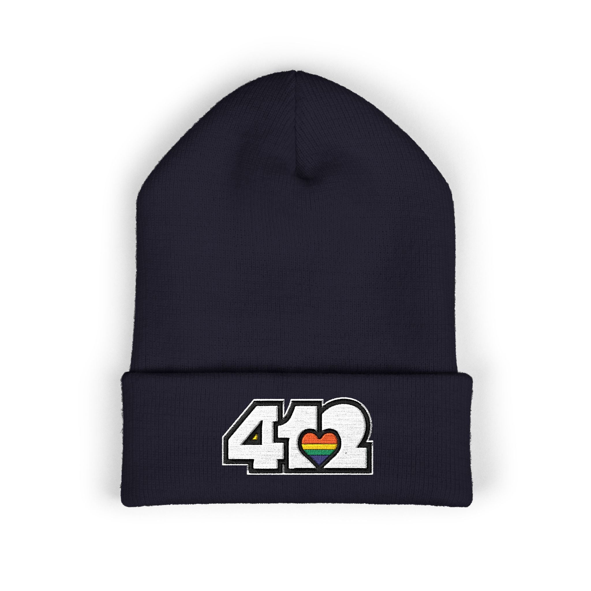 412 Cuffed Beanie Hat | Embroidered White and Rainbow Logo. Apparel Color: Navy. Featuring a snug cuffed fit, and soft acrylic for winter style.