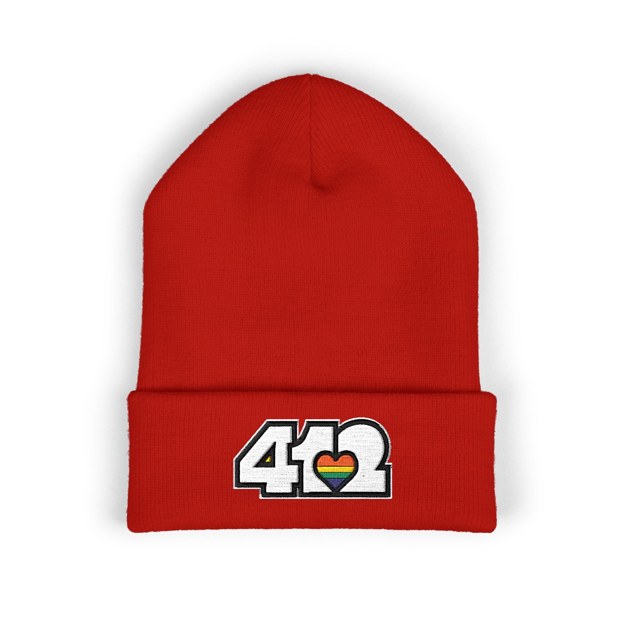 412 Cuffed Beanie Hat | Embroidered White and Rainbow Logo. Apparel Color: Red. Featuring a snug cuffed fit, and soft acrylic for winter style.