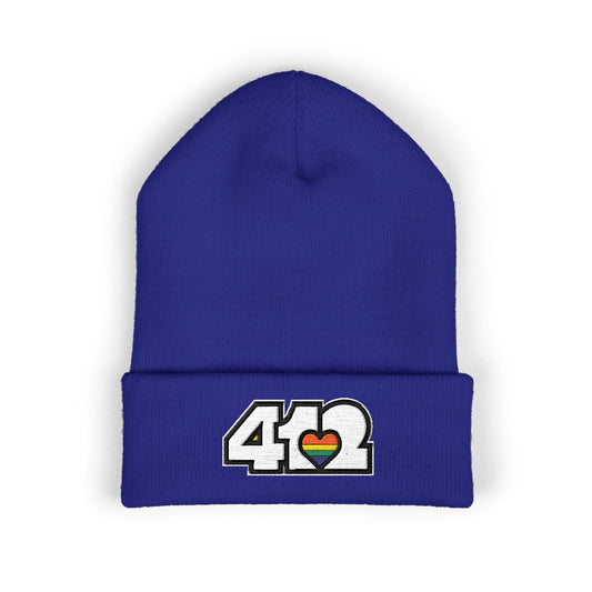 412 Cuffed Beanie Hat | Embroidered White and Rainbow Logo. Apparel Color: Royal. Featuring a snug cuffed fit, and soft acrylic for winter style.