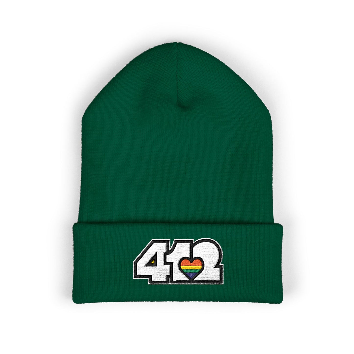 412 Cuffed Beanie Hat | Embroidered White and Rainbow Logo. Apparel Color: Spruce. Featuring a snug cuffed fit, and soft acrylic for winter style.