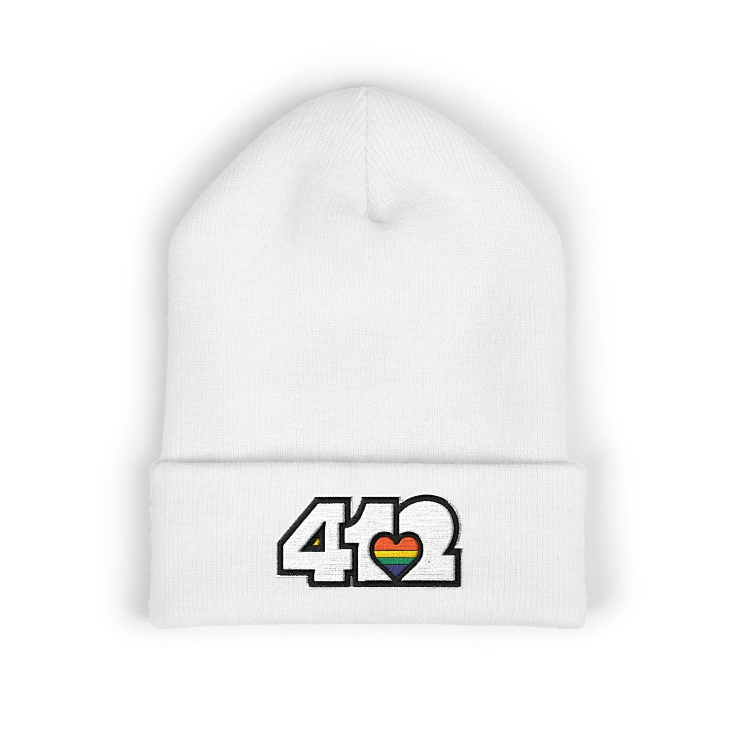 412 Cuffed Beanie Hat | Embroidered White and Rainbow Logo. Apparel Color: White. Featuring a snug cuffed fit, and soft acrylic for winter style.