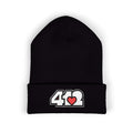 Cozy 412 Cuffed Beanie Hat | Embroidered White and Red Logo. Apparel Color: Black. Featuring a snug cuffed fit, and soft acrylic for winter style.