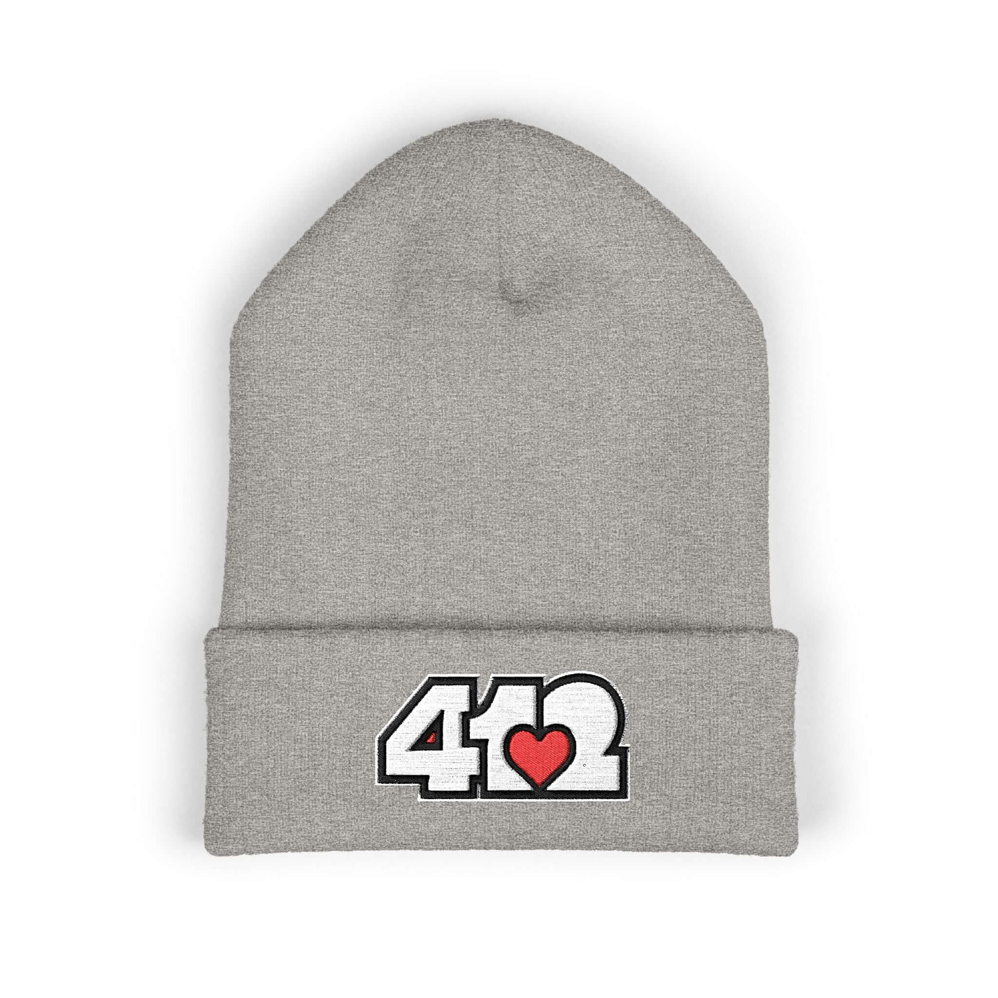 Cozy 412 Cuffed Beanie Hat | Embroidered White and Red Logo. Apparel Color: Heather Grey. Featuring a snug cuffed fit, and soft acrylic for winter style.