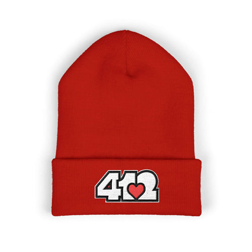 Cozy 412 Cuffed Beanie Hat | Embroidered White and Red Logo. Apparel Color: Red. Featuring a snug cuffed fit, and soft acrylic for winter style.