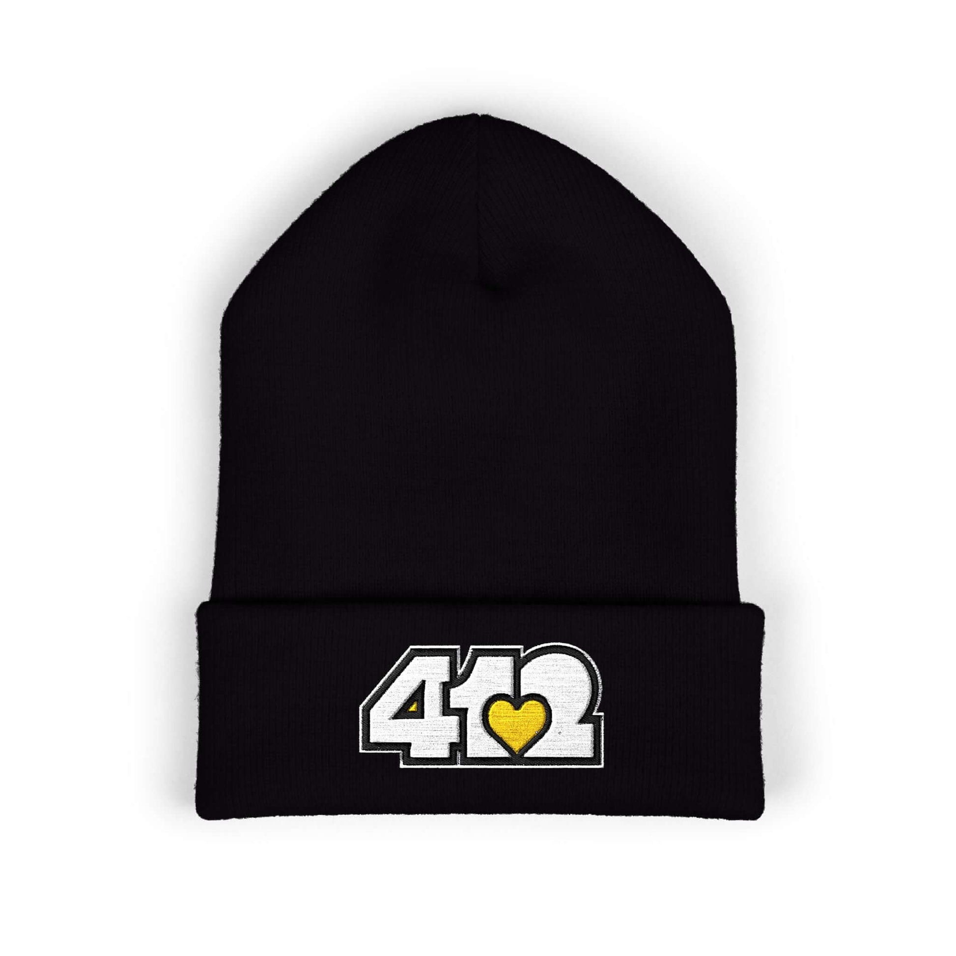 Cozy 412 Cuffed Beanie Hat | Embroidered White and Yellow Logo. Apparel Color: Black. Featuring a snug cuffed fit, and soft acrylic for winter style.