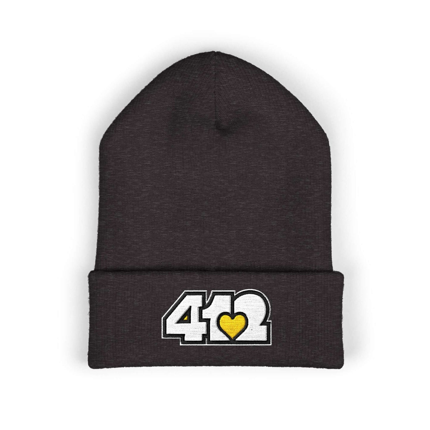 Cozy 412 Cuffed Beanie Hat | Embroidered White and Yellow Logo. Apparel Color: Dark Grey. Featuring a snug cuffed fit, and soft acrylic for winter style.