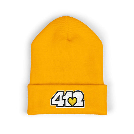 Cozy 412 Cuffed Beanie Hat | Embroidered White and Yellow Logo. Apparel Color: Gold. Featuring a snug cuffed fit, and soft acrylic for winter style.