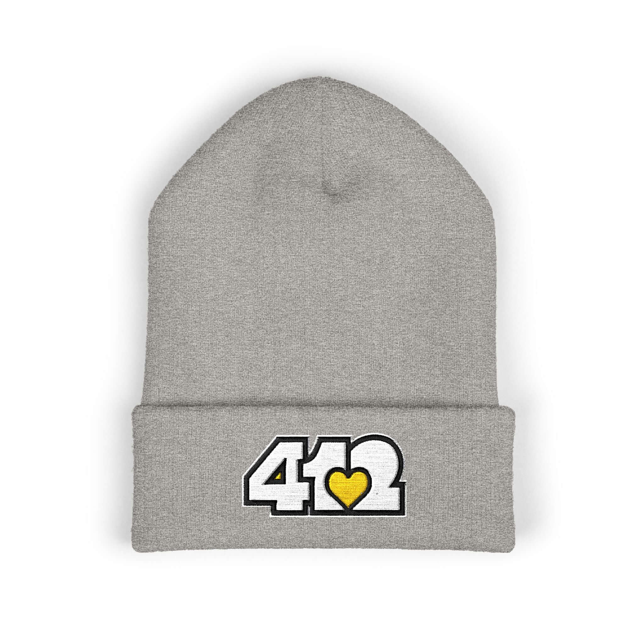 Cozy 412 Cuffed Beanie Hat | Embroidered White and Yellow Logo. Apparel Color: Heather Grey. Featuring a snug cuffed fit, and soft acrylic for winter style.