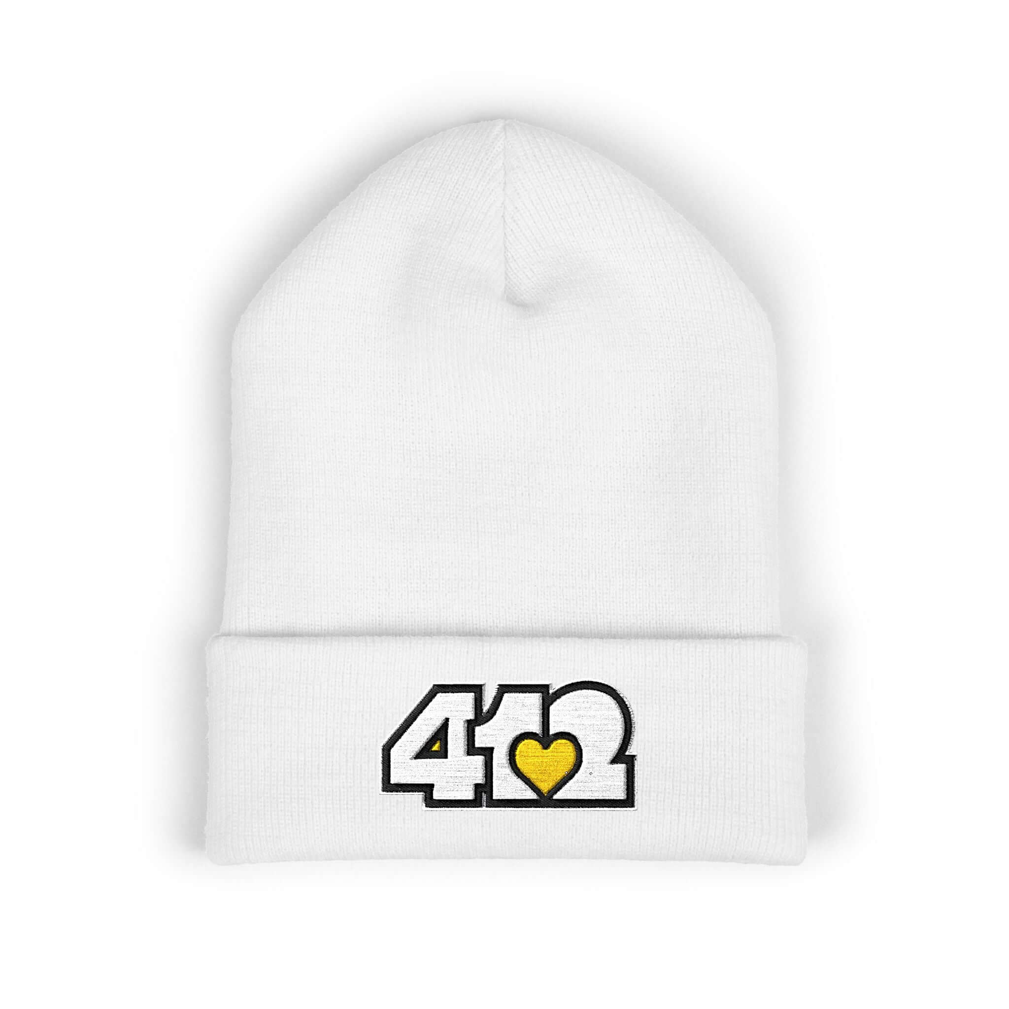 Cozy 412 Cuffed Beanie Hat | Embroidered White and Yellow Logo. Apparel Color: White. Featuring a snug cuffed fit, and soft acrylic for winter style.