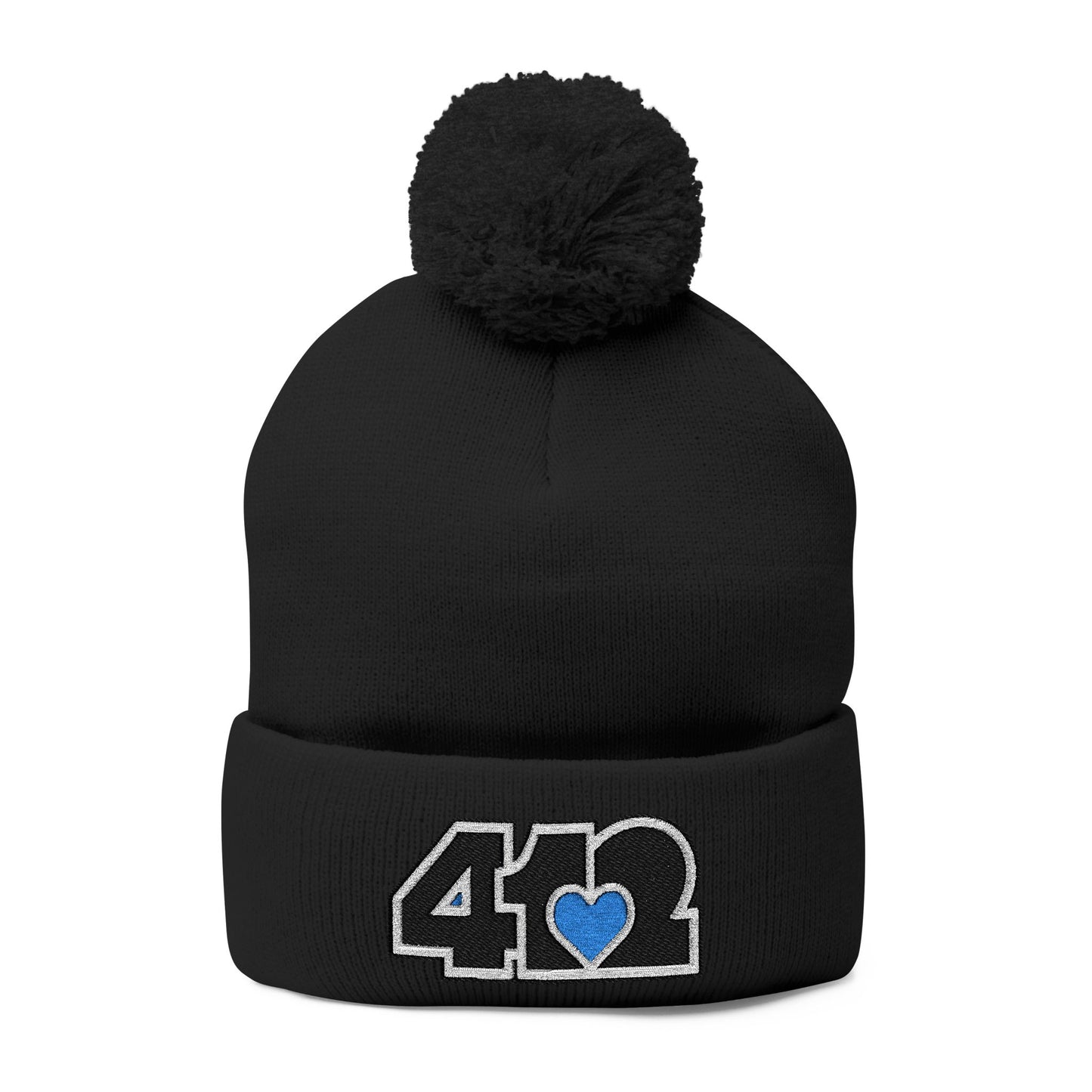Cozy 412 Tossle Cap | Embroidered Black and Blue Logo. Apparel Color: Black. Has soft acrylic knit, fold-over cuff, and one-size fit for winter comfort.