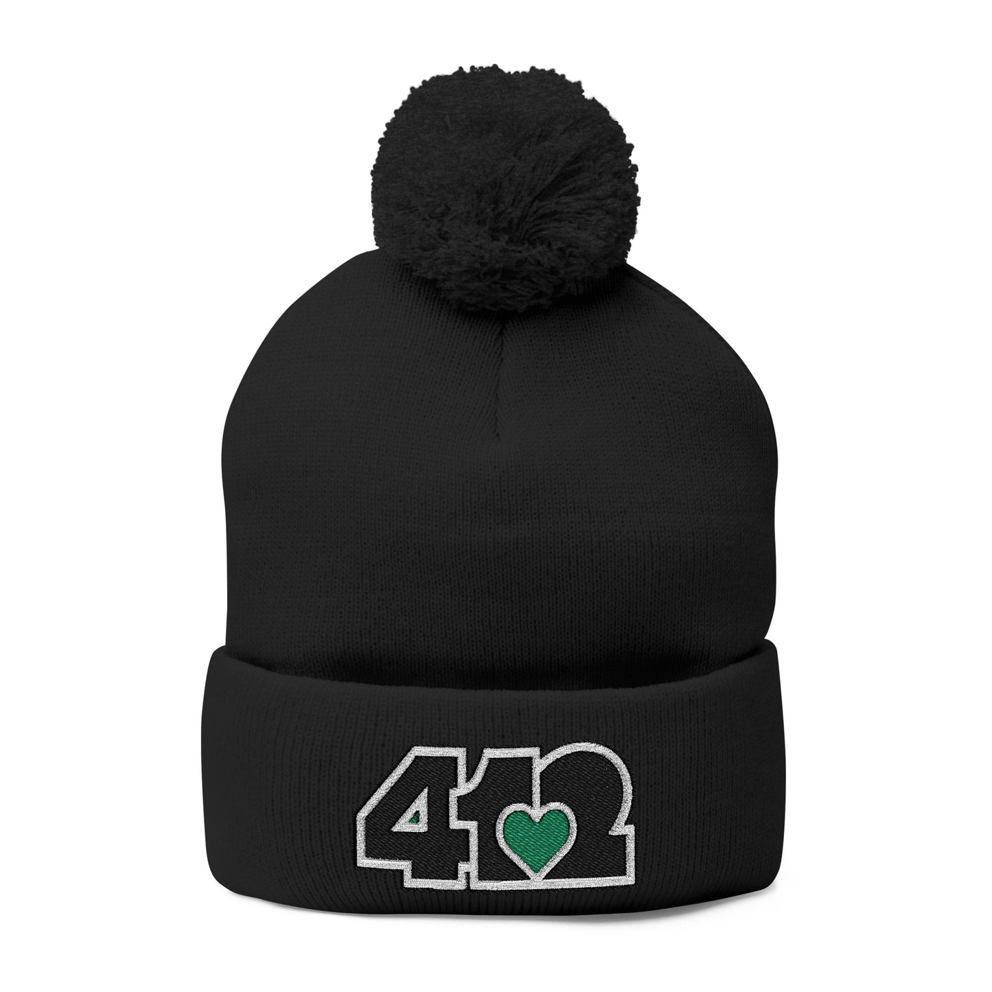 Cozy 412 Tossle Cap | Embroidered Black and Green Logo. Apparel Color: Black. Has soft acrylic knit, fold-over cuff, and one-size fit for winter comfort.
