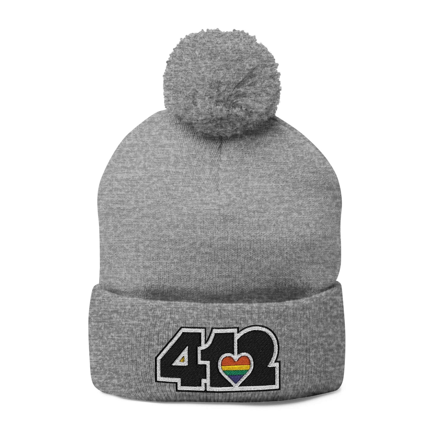 Cozy 412 Tossle Cap | Embroidered Black and Rainbow Logo. Apparel Color: Heather Grey. Has soft acrylic knit, fold-over cuff, and one-size fit for winter comfort.