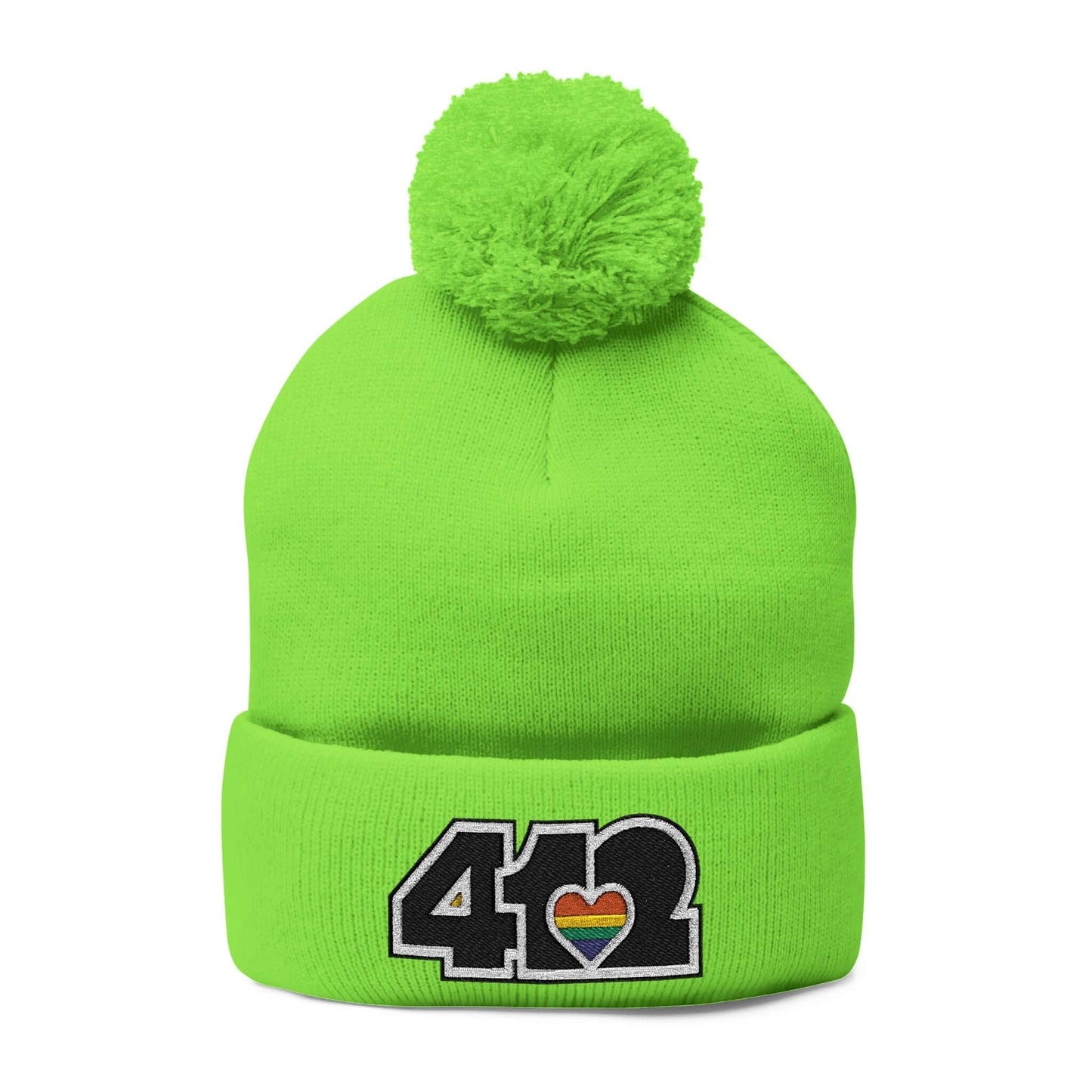Cozy 412 Tossle Cap | Embroidered Black and Rainbow Logo. Apparel Color: Neon Green. Has soft acrylic knit, fold-over cuff, and one-size fit for winter comfort.