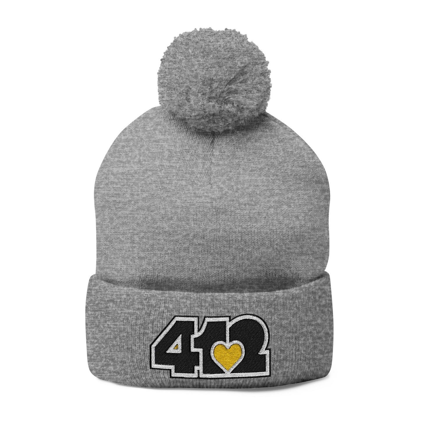 Cozy 412 Tossle Cap | Embroidered Black and Yellow Logo. Apparel Color: Heather Grey. Has soft acrylic knit, fold-over cuff, and one-size fit for winter comfort.
