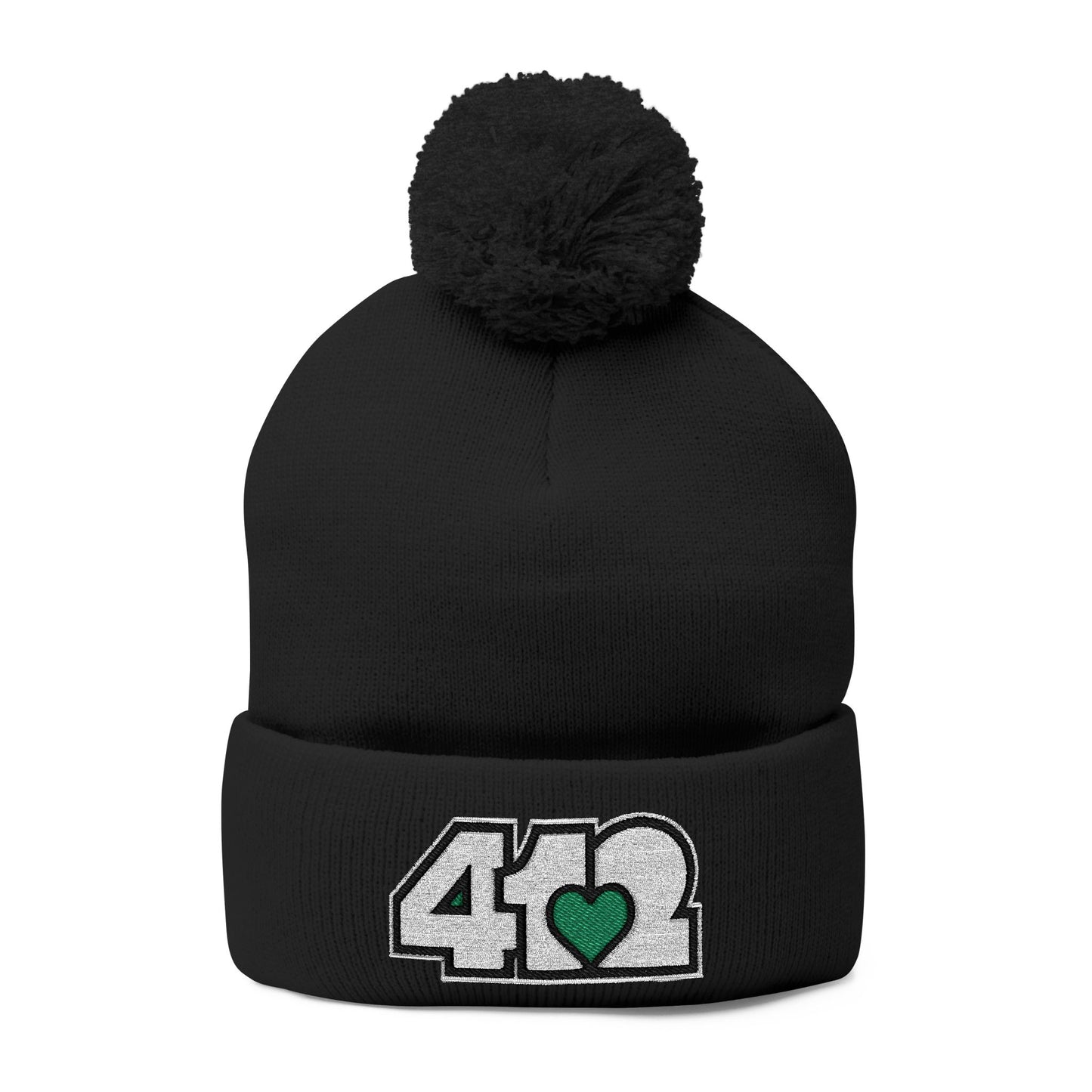 Cozy 412 Tossle Cap | Embroidered White and Green Logo. Apparel Color: Black. Has soft acrylic knit, fold-over cuff, and one-size fit for winter comfort.