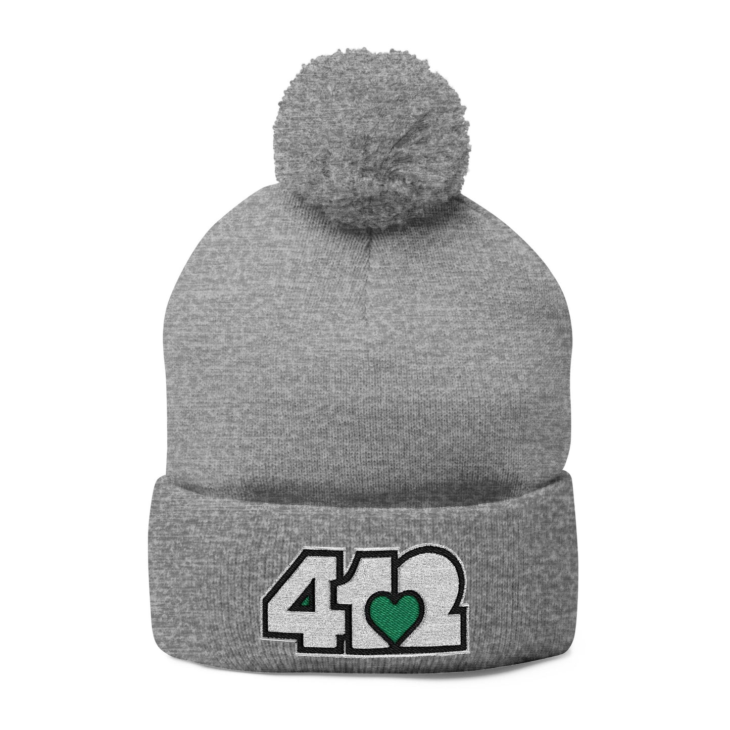 Cozy 412 Tossle Cap | Embroidered White and Green Logo. Apparel Color: Heather Grey. Has soft acrylic knit, fold-over cuff, and one-size fit for winter comfort.