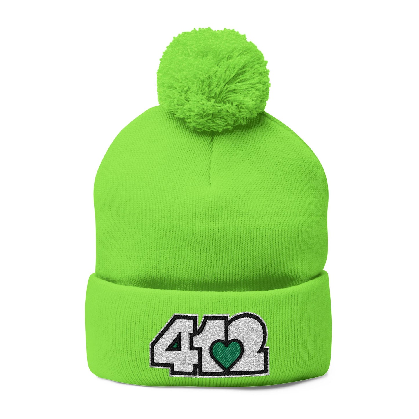 Cozy 412 Tossle Cap | Embroidered White and Green Logo. Apparel Color: Neon Green. Has soft acrylic knit, fold-over cuff, and one-size fit for winter comfort.