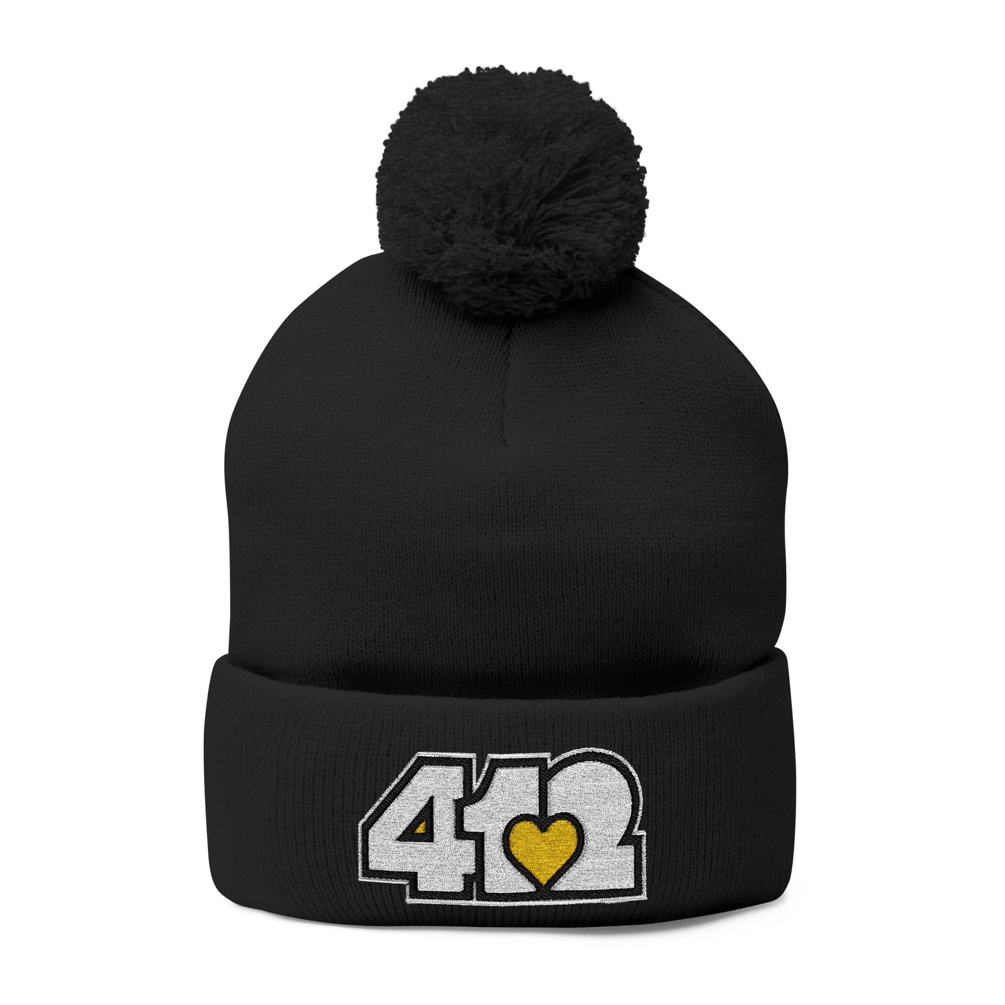 Cozy 412 Tossle Cap | Embroidered White and Yellow Logo. Apparel Color: Black. Has soft acrylic knit, fold-over cuff, and one-size fit for winter comfort.
