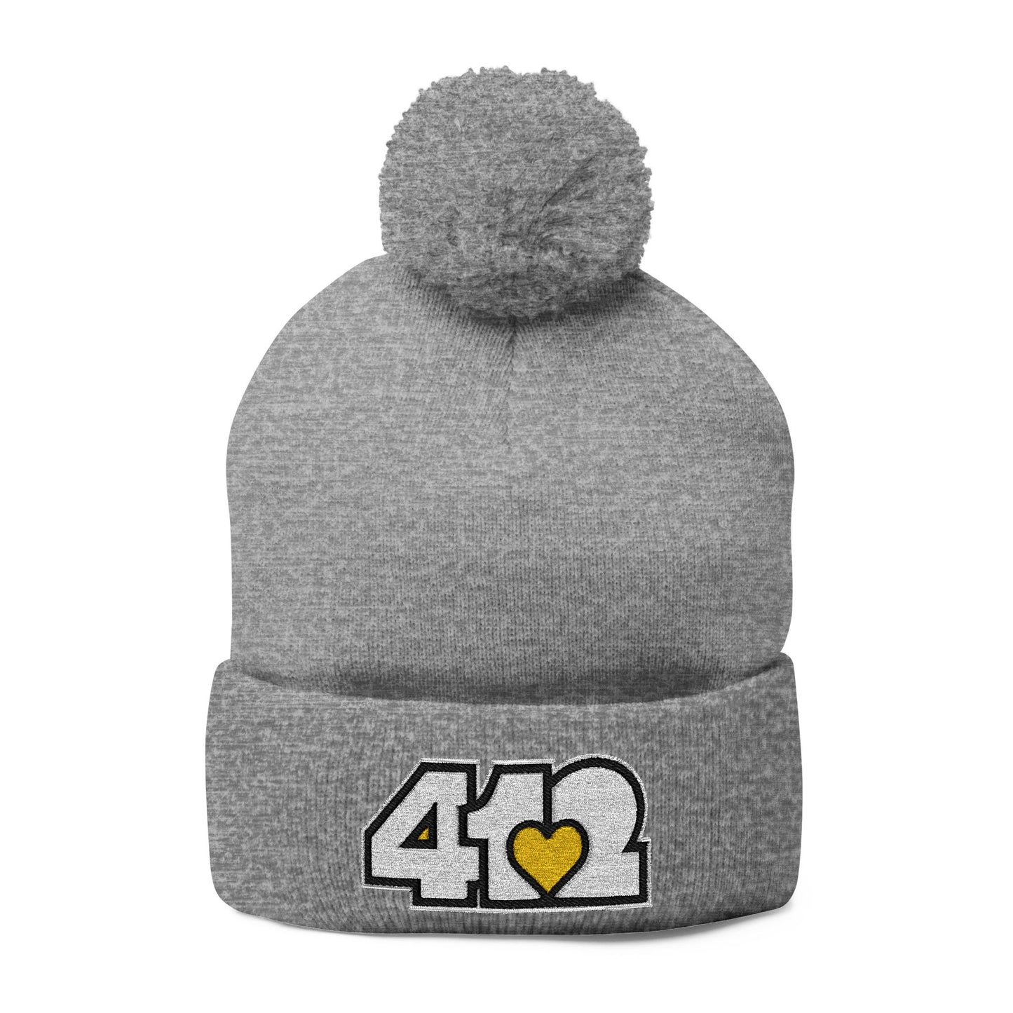 Cozy 412 Tossle Cap | Embroidered White and Yellow Logo. Apparel Color: Heather Grey. Has soft acrylic knit, fold-over cuff, and one-size fit for winter comfort.