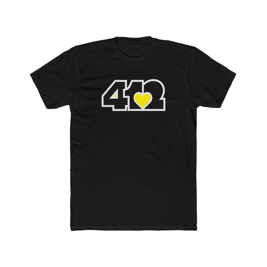 Black contoured yellow heart tee with black 412 logo – Pittsburgh-inspired apparel for soulful expression.