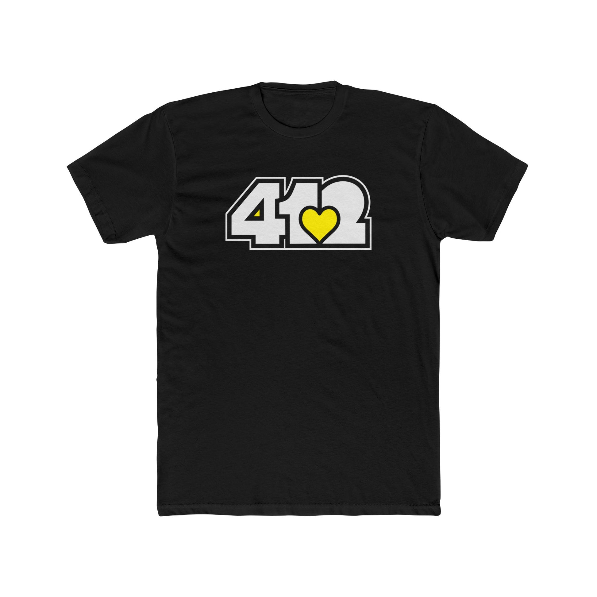 Black contoured yellow heart tee with white 412 logo – Pittsburgh-inspired apparel for soulful expression.