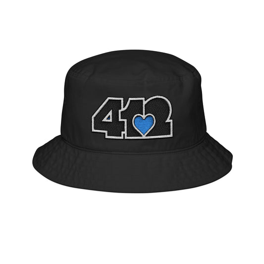412 Black Gilligan Crown bucket hat with embroidered blue heart and black 412 logo; sleek Pittsburgh streetwear with a cool, confident vibe.