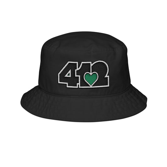 412 Black Gilligan Crown bucket hat with an embroidered green heart and black 412 logo; vibrant Pittsburgh streetwear with a grounded, effortlessly cool vibe.
