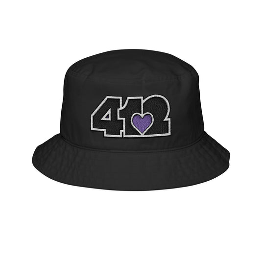 412 White Gilligan Crown bucket hat with embroidered purple heart and black 412 logo; bold Pittsburgh streetwear with a creative edge.