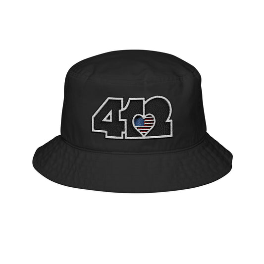 Black 412 Gilligan Crown bucket hat with embroidered stars and stripes heart and black 412 logo; patriotic streetwear inspired by Pittsburgh culture.