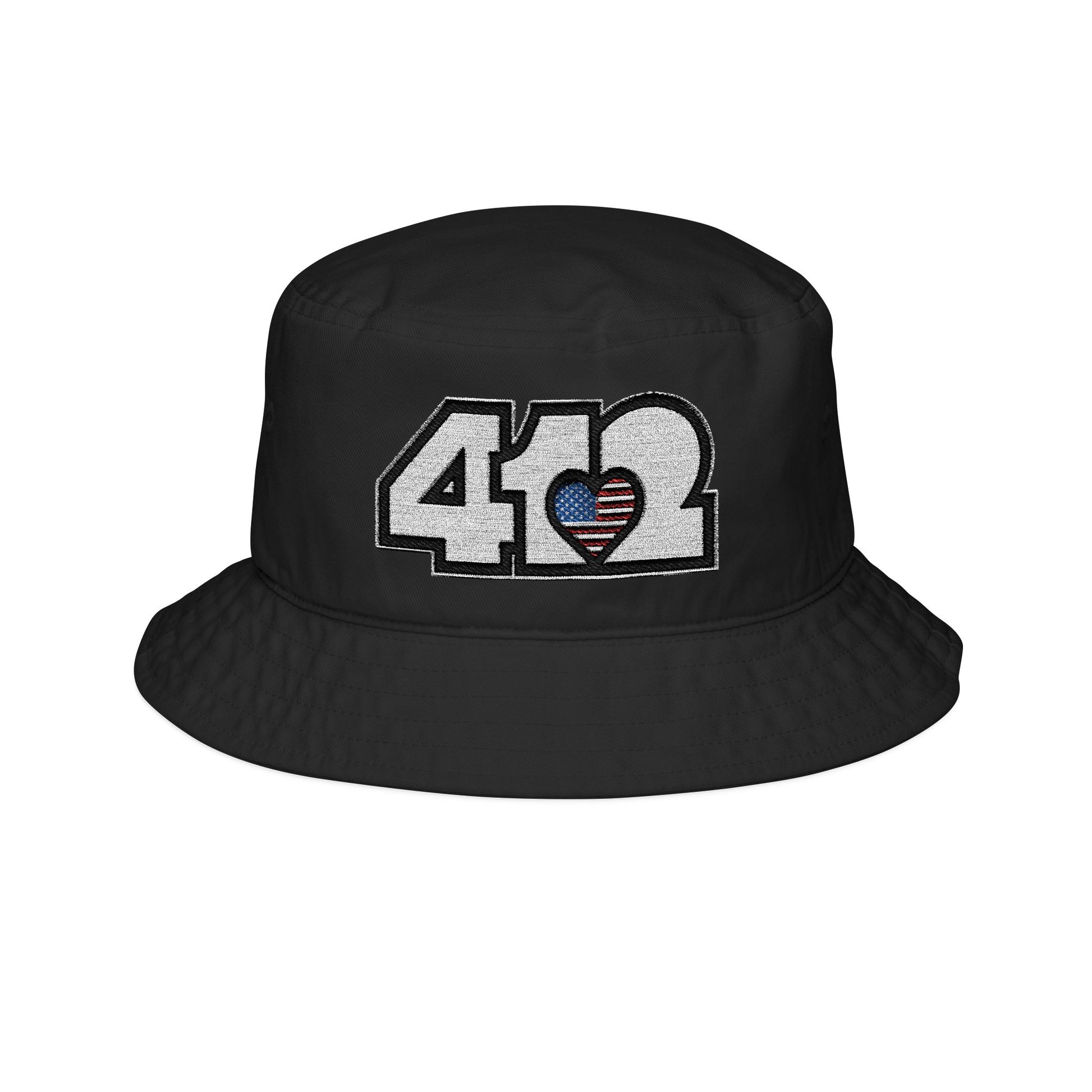 Black 412 Gilligan Crown bucket hat with embroidered stars and stripes heart and white 412 logo; patriotic streetwear inspired by Pittsburgh culture.