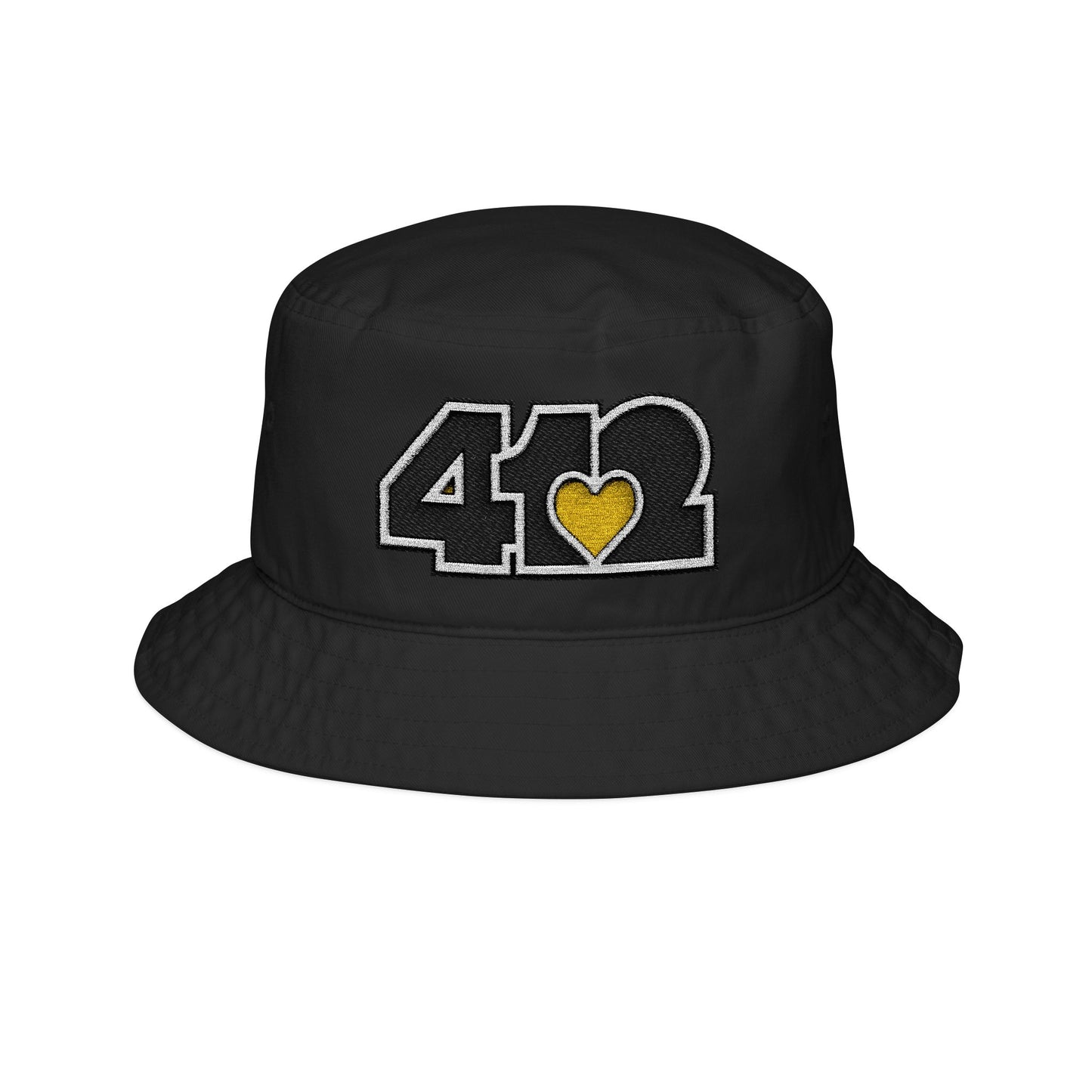 412 Black Gilligan Crown bucket hat with embroidered yellow heart and black 412 logo; vibrant Pittsburgh streetwear with a sunny, with a sunny, feel-good aesthetic.