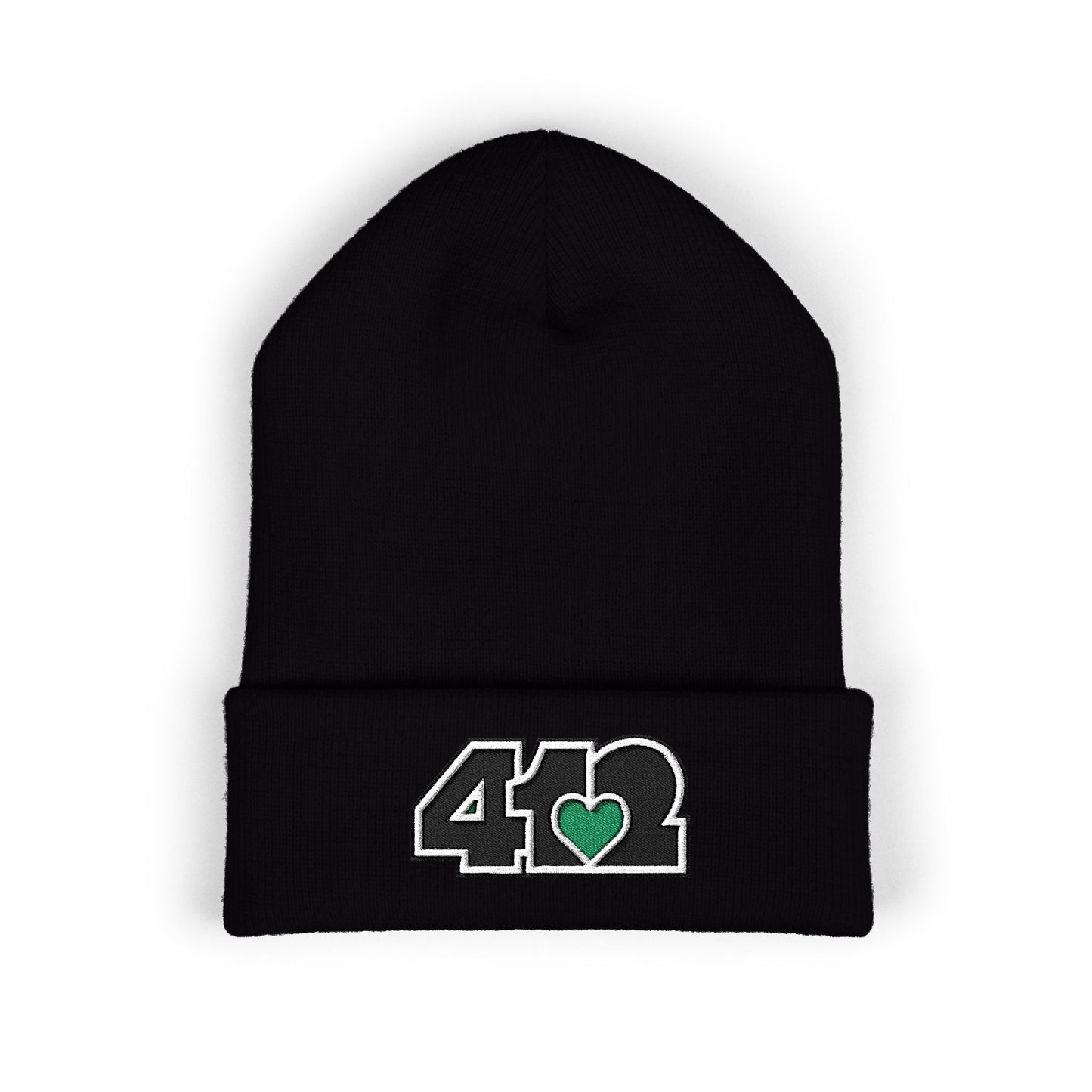 Black 412 Skull Crown beanie with green heart embroidery and black logo. Pittsburgh-born streetwear merging Yinzer energy, and bold urban style.