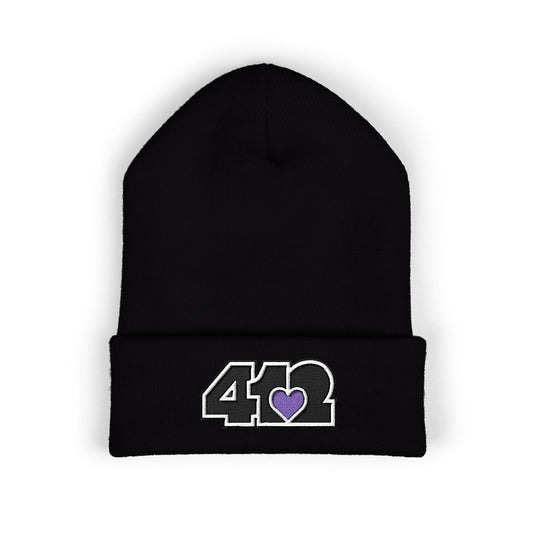 Black 412 Skull Crown beanie with black embroidered logo and purple heart patch — Pittsburgh streetwear rooted in Steel City grit.