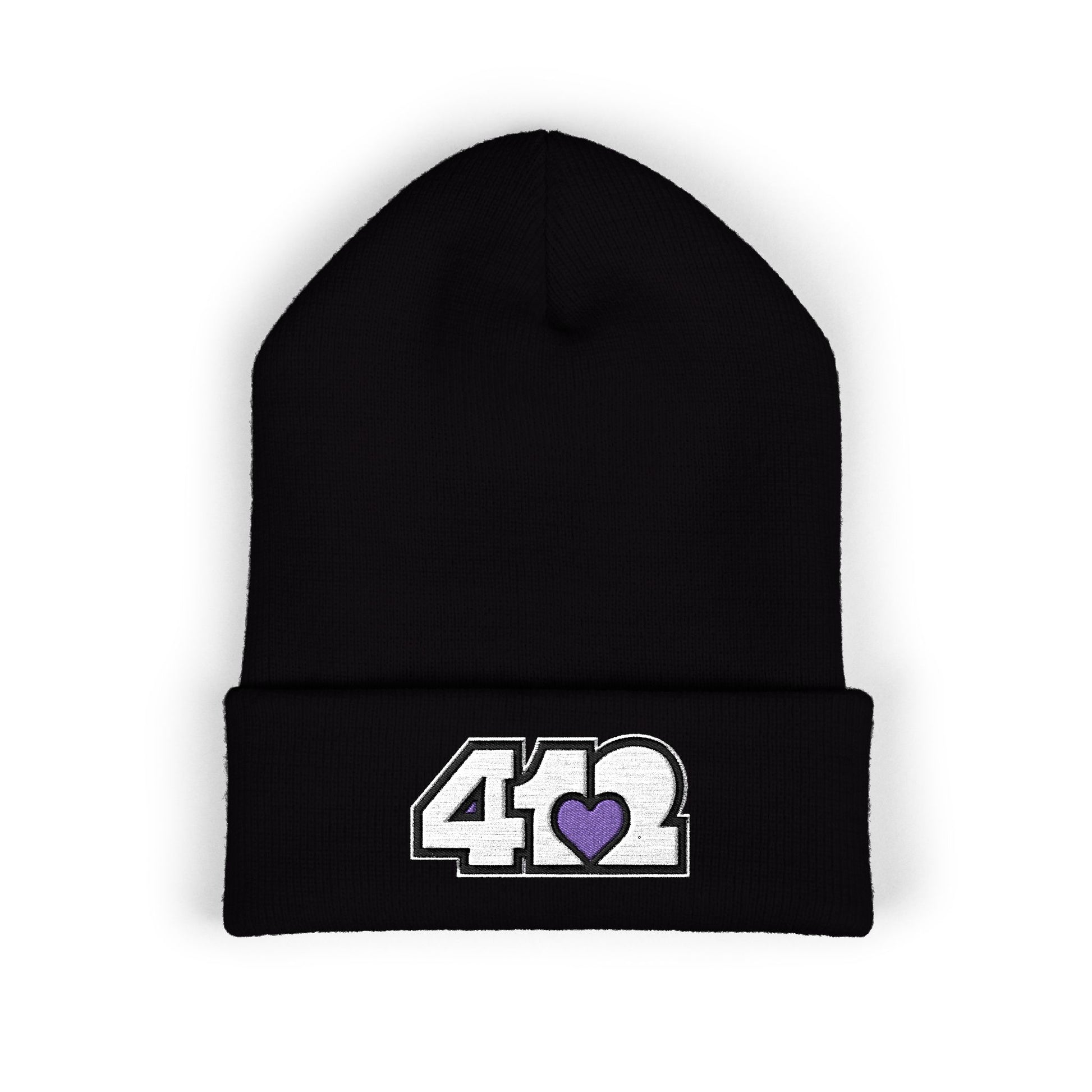 Black 412 Skull Crown beanie with black embroidered logo and purple heart patch — Pittsburgh streetwear rooted in Steel City grit.