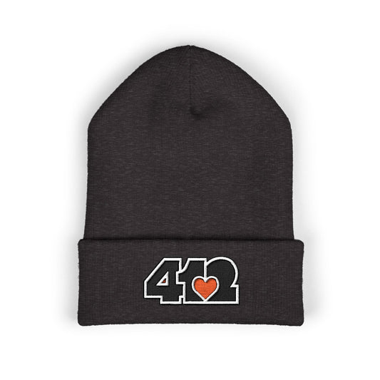 Dark Grey 412 Skull Crown beanie with black embroidered logo and orange heart patch, channeling Pittsburgh streetwear royalty and Steel City pride.