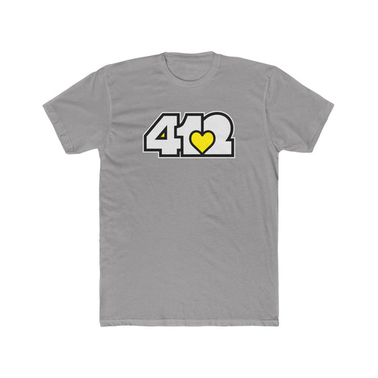 Grey contoured yellow heart tee with white 412 logo – Pittsburgh-inspired apparel for soulful expression.