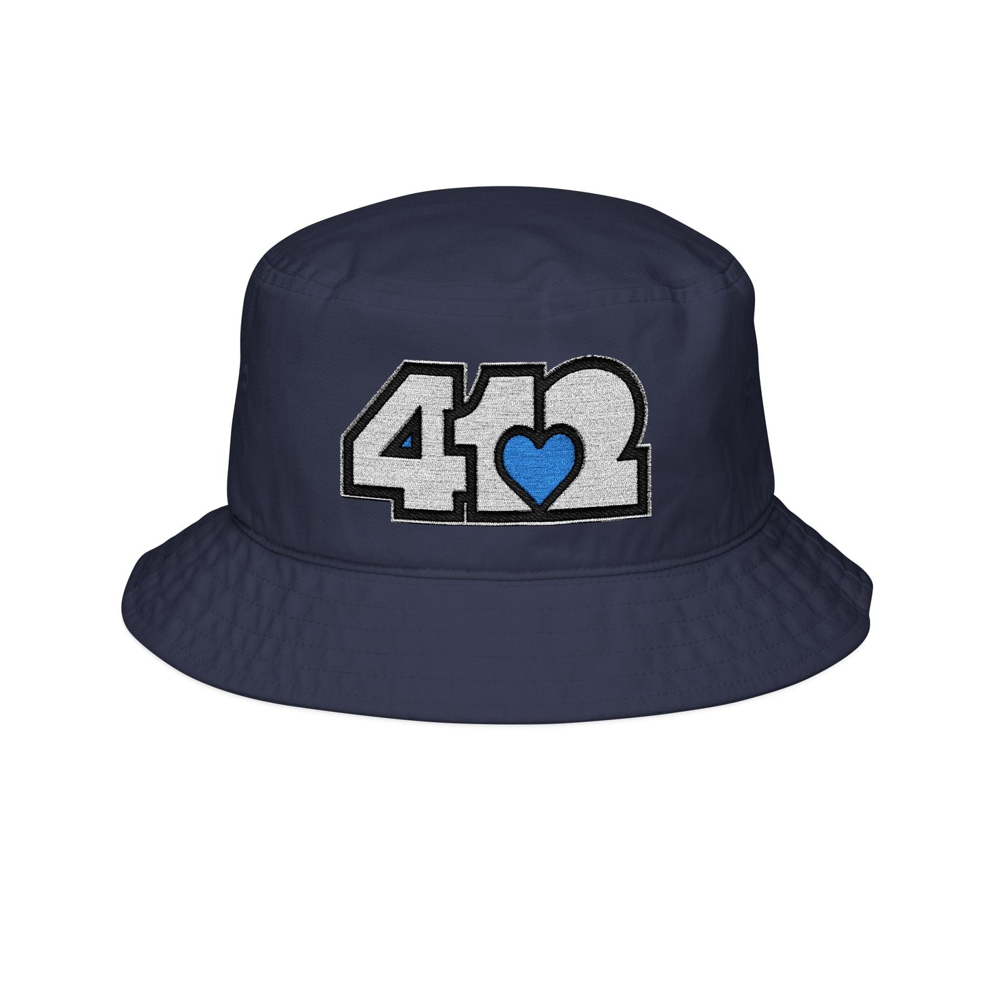 412 Navy Blue Gilligan Crown bucket hat with embroidered blue heart and white 412 logo; sleek Pittsburgh streetwear with a cool, confident vibe.