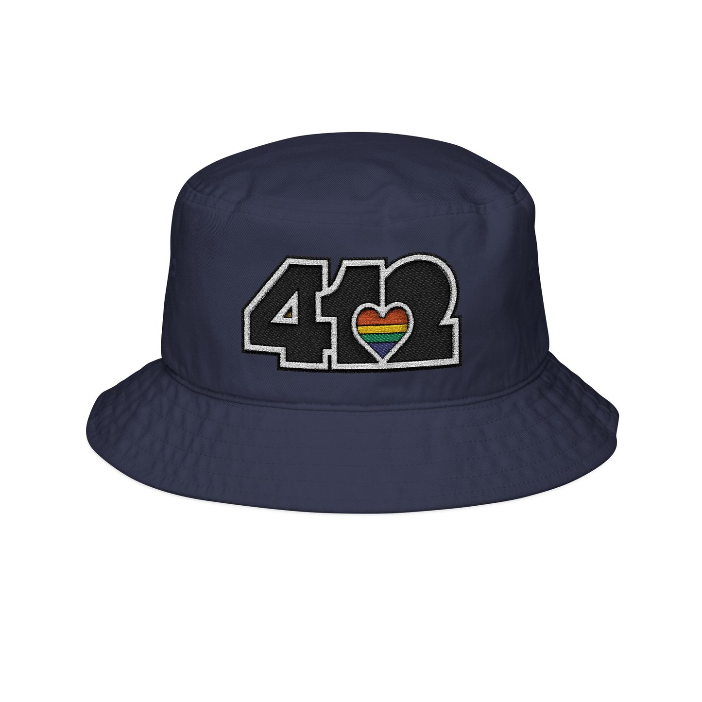 412 Navy Blue Gilligan Crown bucket hat with embroidered rainbow heart and black 412 logo; vibrant Pittsburgh streetwear celebrating unity and pride.
