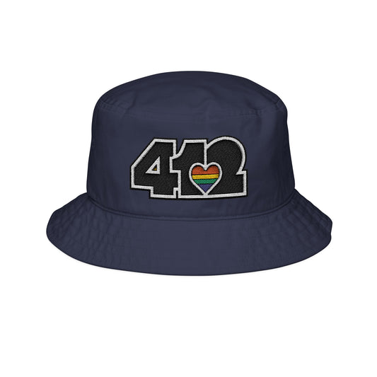 412 Navy Blue Gilligan Crown bucket hat with embroidered rainbow heart and black 412 logo; vibrant Pittsburgh streetwear celebrating unity and pride.