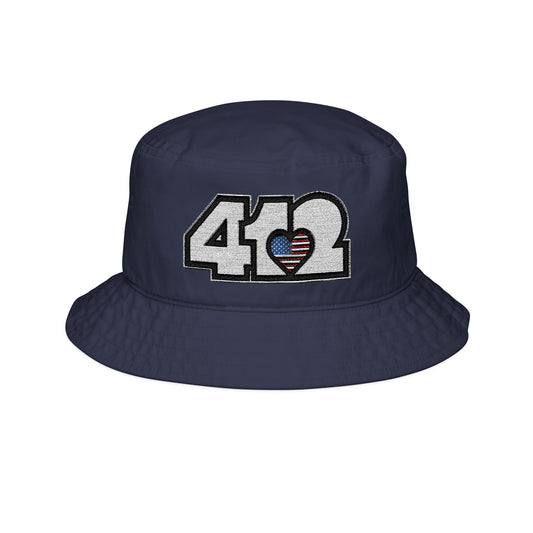 Navy Blue 412 Gilligan Crown bucket hat with embroidered stars and stripes heart and white 412 logo; patriotic streetwear inspired by Pittsburgh culture.