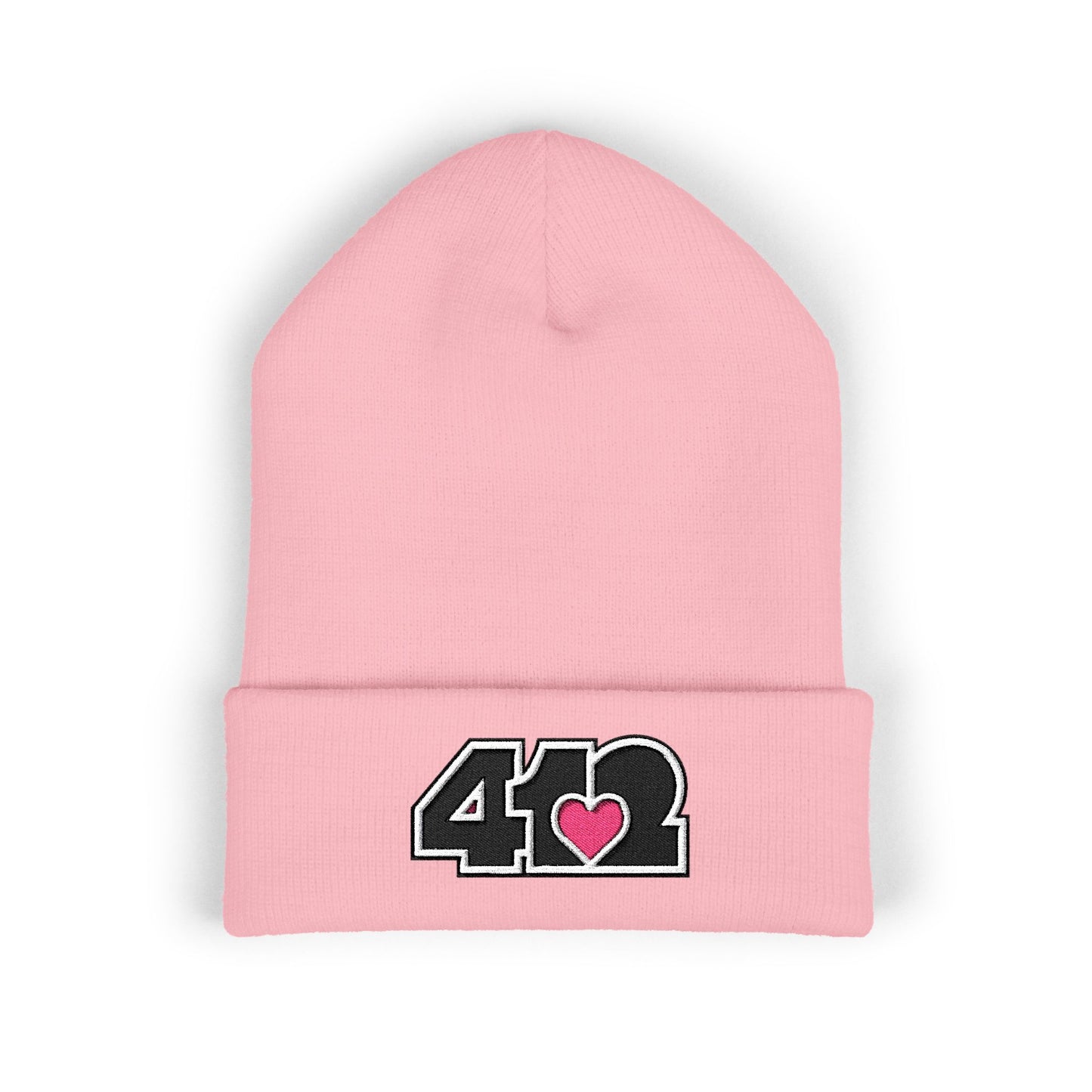 Pink 412 Skull Crown beanie with black embroidered logo and pink heart patch. Pittsburgh made fashion blending Three Rivers energy, and urban grit.