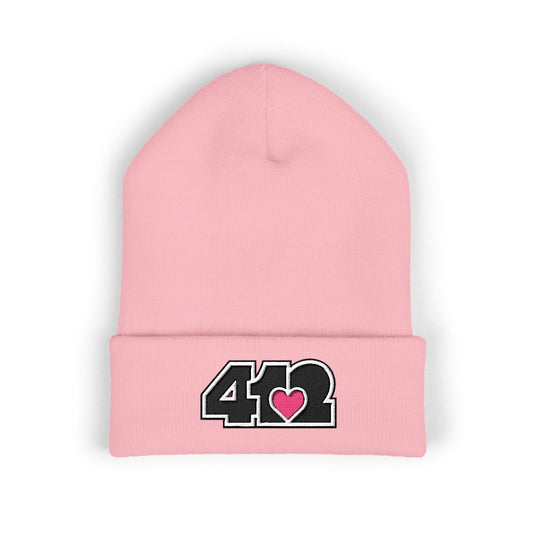 Pink 412 Skull Crown beanie with black embroidered logo and pink heart patch. Pittsburgh made fashion blending Three Rivers energy, and urban grit.