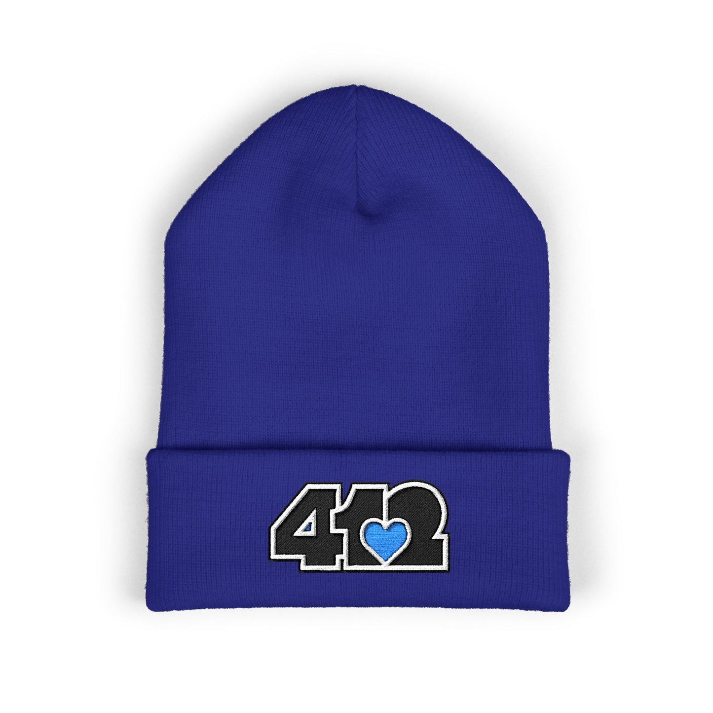 Royal Blue 412 Skull Crown beanie featuring black embroidered logo and blue heart patch — bold Pittsburgh streetwear with royal edge and cool-toned resilience.