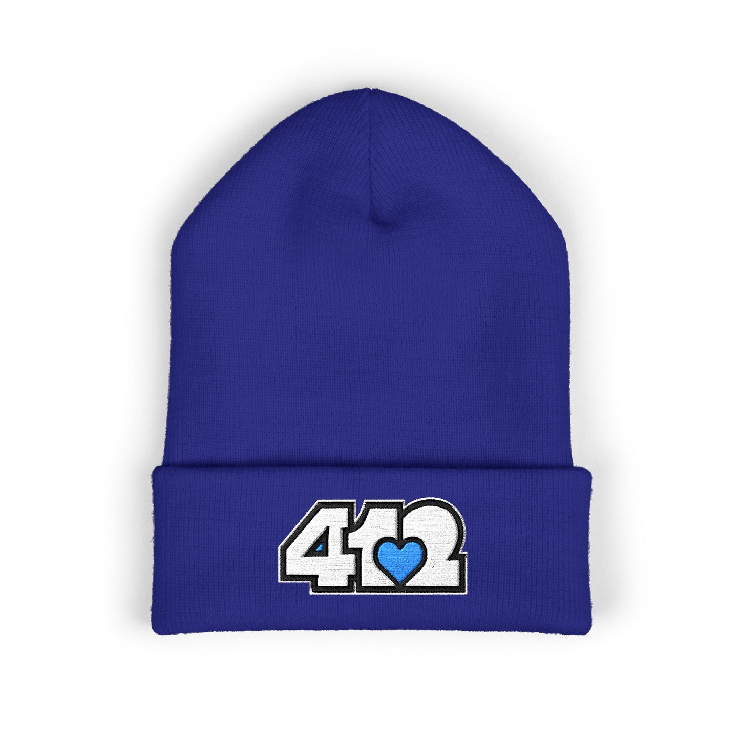Royal Blue 412 Skull Crown beanie featuring white embroidered logo and blue heart patch — bold Pittsburgh streetwear with royal edge and cool-toned resilience.