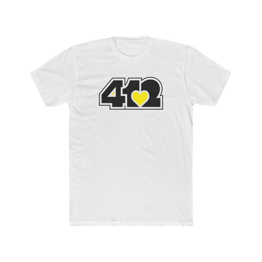 White contoured yellow heart tee with black 412 logo – Pittsburgh-inspired apparel for soulful expression.