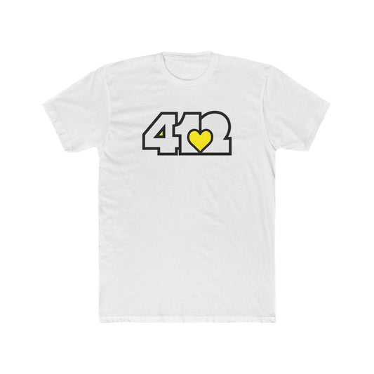White contoured yellow heart tee with white 412 logo – Pittsburgh-inspired apparel for soulful expression.