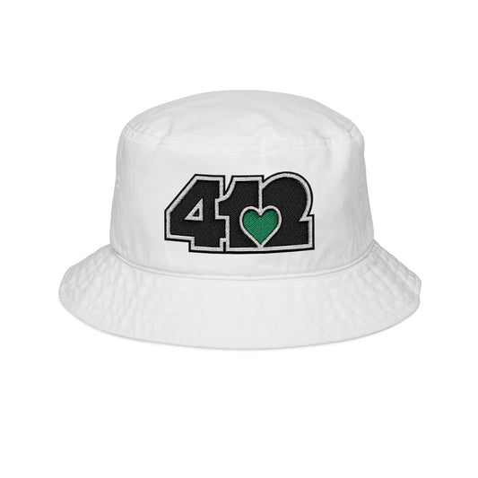 412 White Gilligan Crown bucket hat with an embroidered green heart and black 412 logo; vibrant Pittsburgh streetwear with a grounded, effortlessly cool vibe.
