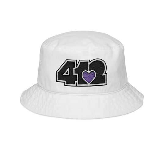 412 White Gilligan Crown bucket hat with embroidered purple heart and black 412 logo; bold Pittsburgh streetwear with a creative edge.