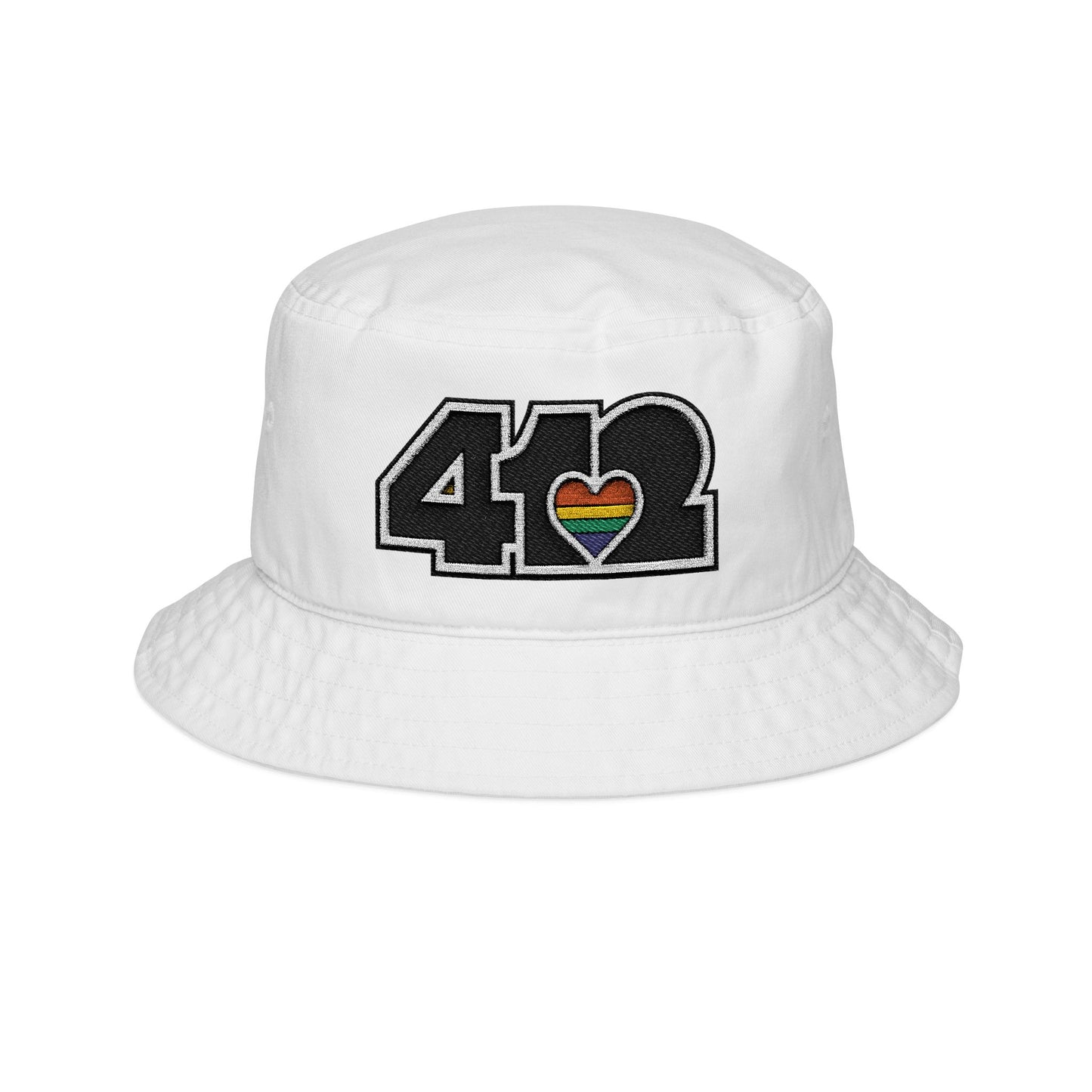 412 Black Gilligan Crown bucket hat with embroidered rainbow heart and black 412 logo; vibrant Pittsburgh streetwear celebrating unity and pride.