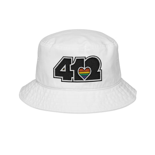 412 Black Gilligan Crown bucket hat with embroidered rainbow heart and black 412 logo; vibrant Pittsburgh streetwear celebrating unity and pride.